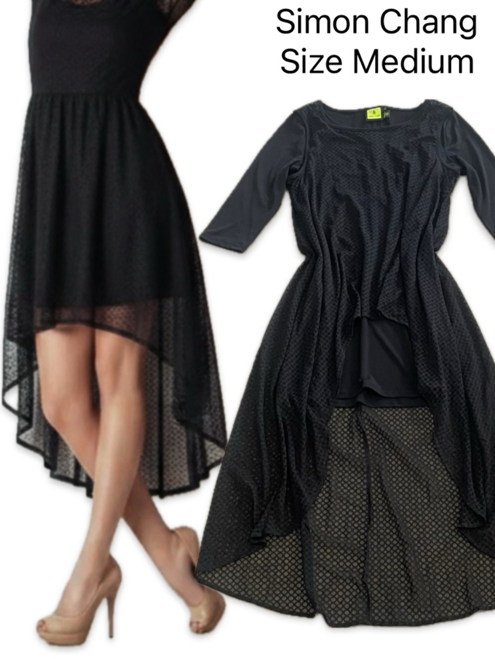 Simon Chang Womens Black Mesh Overlay Dress Size M High Low 3/4 Sleeve Formal